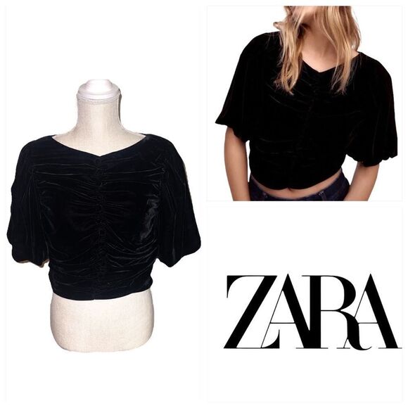 Zara Bloggers Favorite Black Velvet Ruched Ballon Sleeve Top - Picture 1 of 14